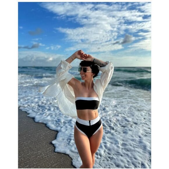 GIGI C Eddie Bikini Top in Black & White Colorblock XSmall Womens Swimsuit - Picture 11 of 16